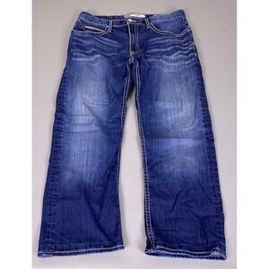 BKE Denim Jake Jeans Men's 36S Short Straight Leg Dark Wash Thick Stitch Blue *
